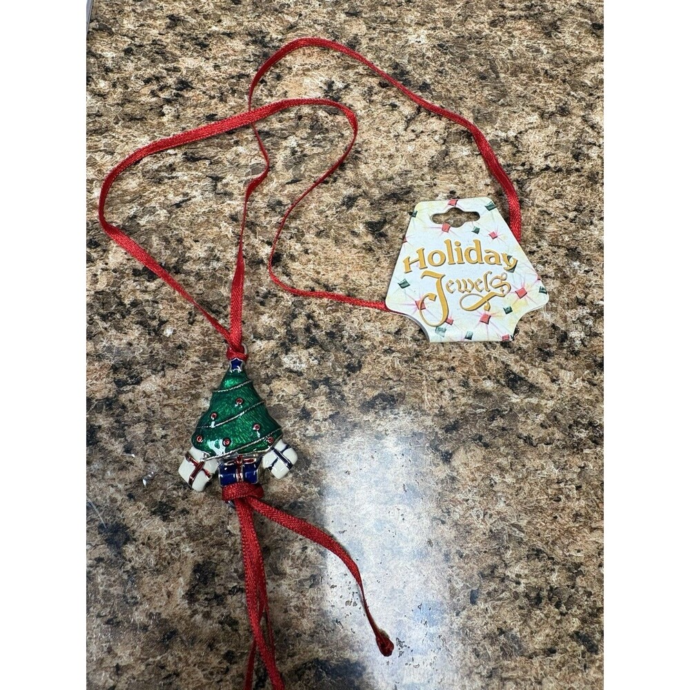 Vintage Christmas Tree Necklace Enamel Pendant Red Ribbon Cord Holiday Jewels